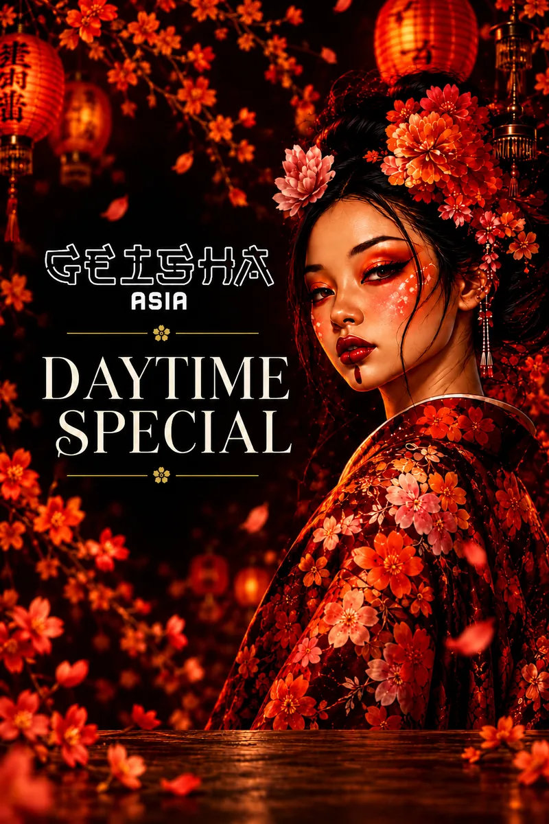 Daytime Special cover with a geisha among red blossom