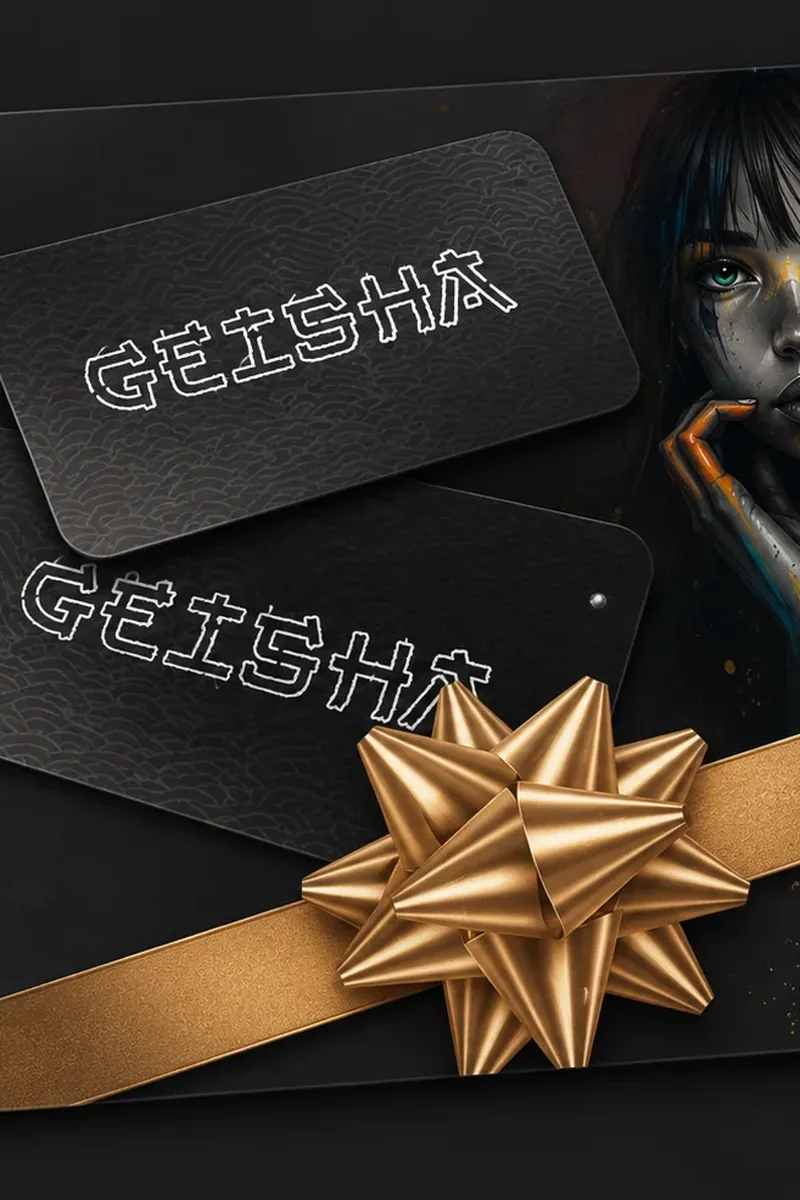Two black Geisha gift cards tied with a gold ribbon and bow