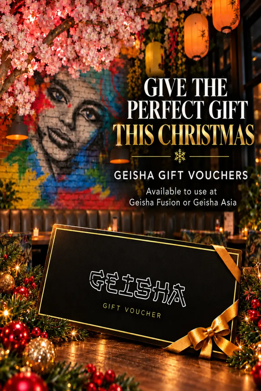 Give the perfect gift this Christmas: a Geisha gift voucher with a gold ribbon in the restaurant