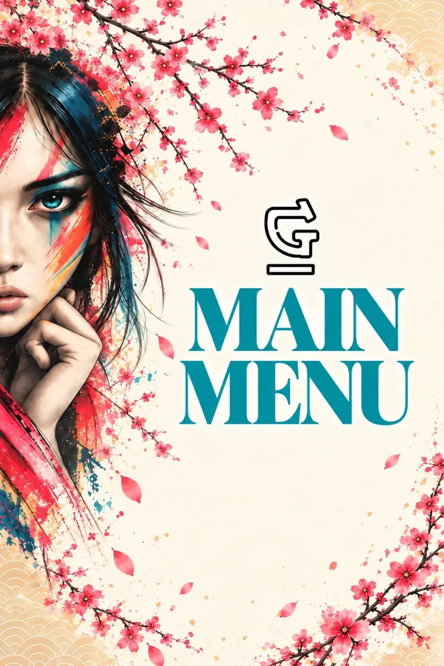 Main Menu artwork: a painted geisha portrait among cherry blossom on cream paper