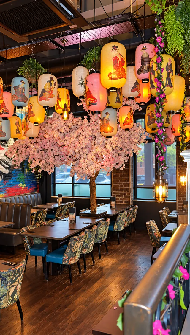 Hanging flowers and lanterns above the tables